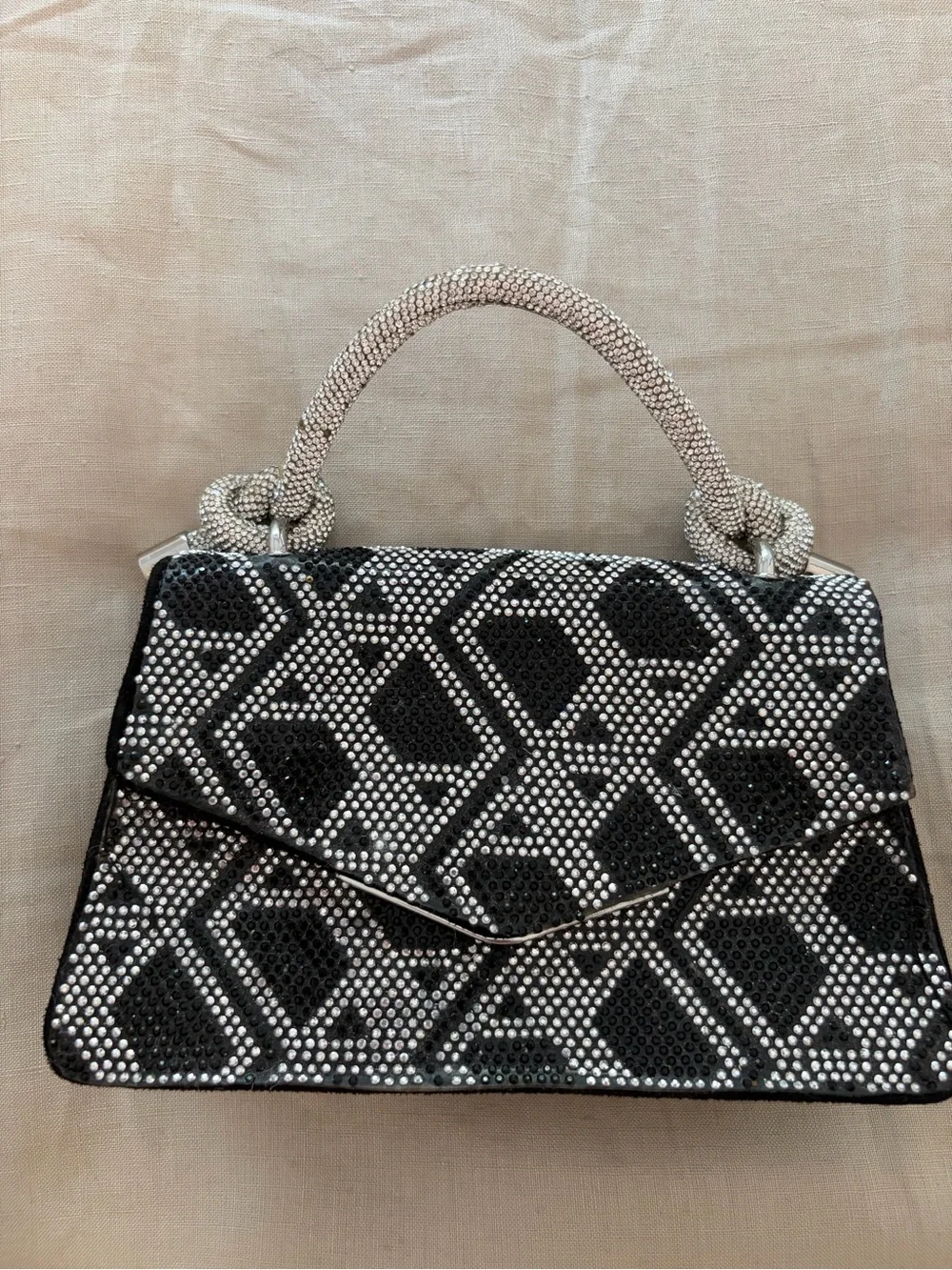 ALDO Black Suede & Silver Rhinestone Geometric Top Handle Evening Clutch